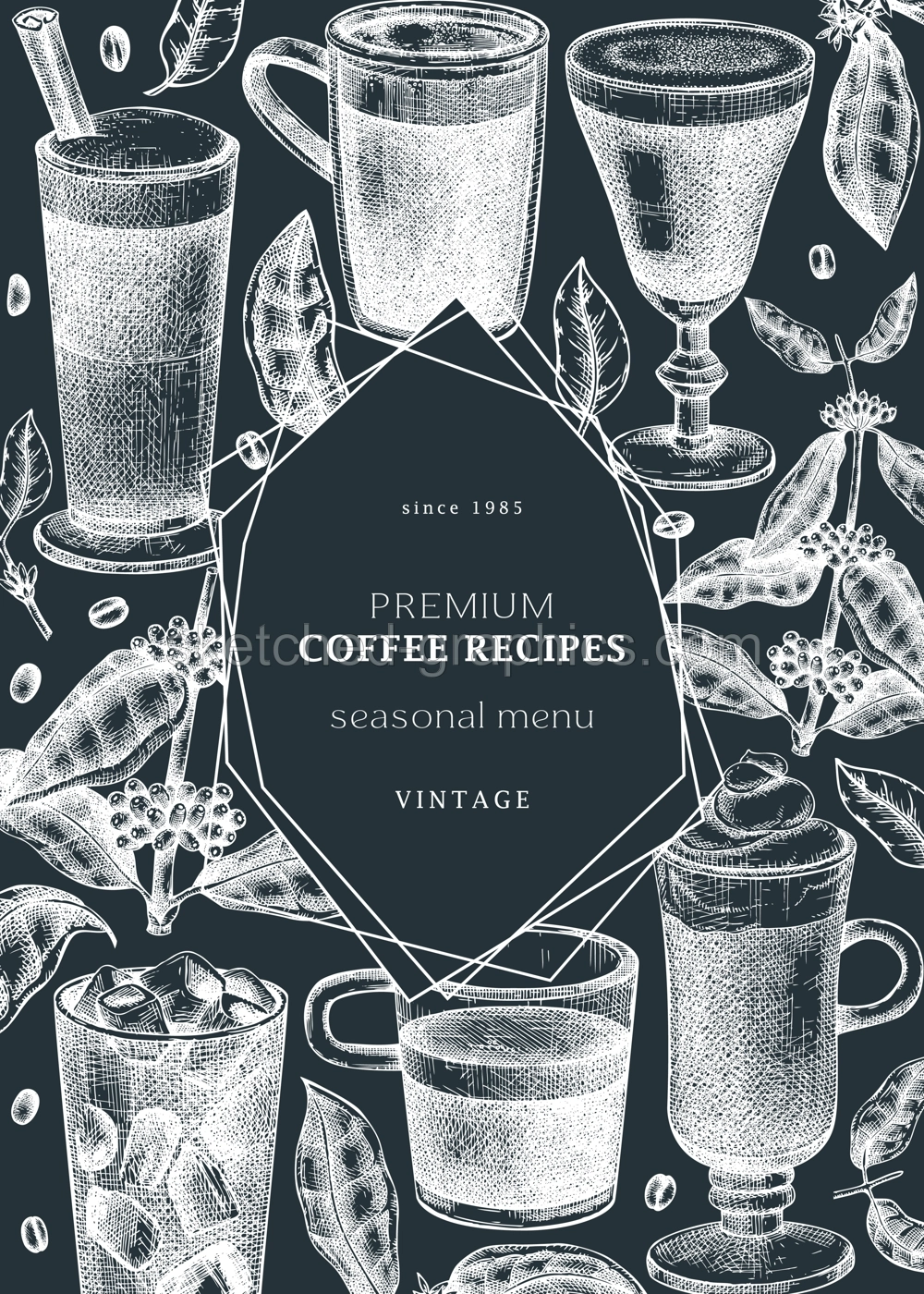 Hand-sketched coffee card or flyer on chalkboard. Vector sketches of mugs with aromatic drinks design. With botanical coffee plants, leaves and beans in vintage style. Vector beverages template Illustration